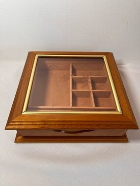 Vintage GUNTHER MELE Wooden Jewelry Organizer Box etched Glass Lid - warm Brown
